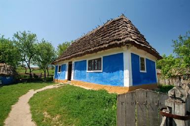 Blue House with thatched roof